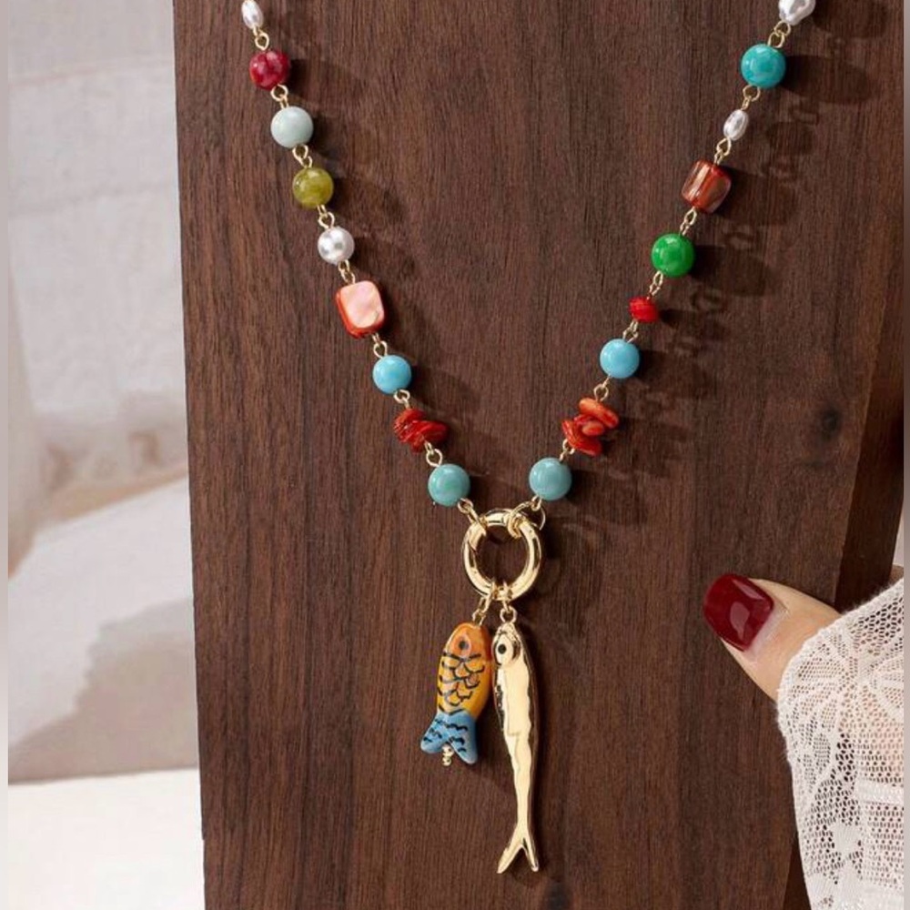 Anthropologie Colorful Beaded Necklace with Fish Charms